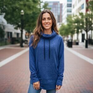 MARC NY Blue Heathered Cowl Neck Activewear Hoodie - XL